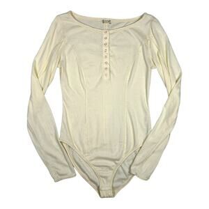 Free People Intimately Size M Sloan Bodysuit Henley Snap Front Long Sleeve Ivory